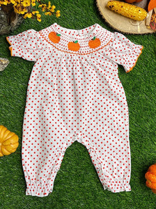 Smocked polk a dot pumpkin romper