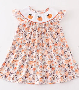 Smocked floral pumpkin orange dress