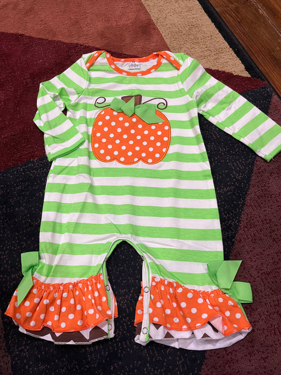 Green stripe girl pumpkin ruffle romper