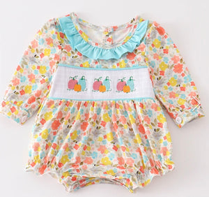 Smocked blue floral pumpkin bubble