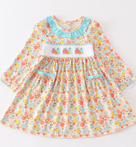 Long sleeve floral blue pumpkin dress smocked