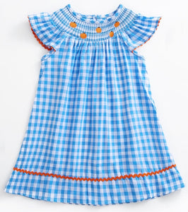 Smocked light blue pumpkin gingham dress