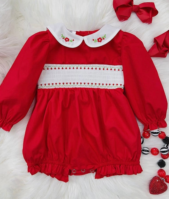 Smocked red girls long sleeve bubble