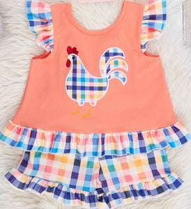 Peach chicken applique plaid shirt set