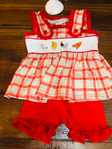 Plaid red chicken short set