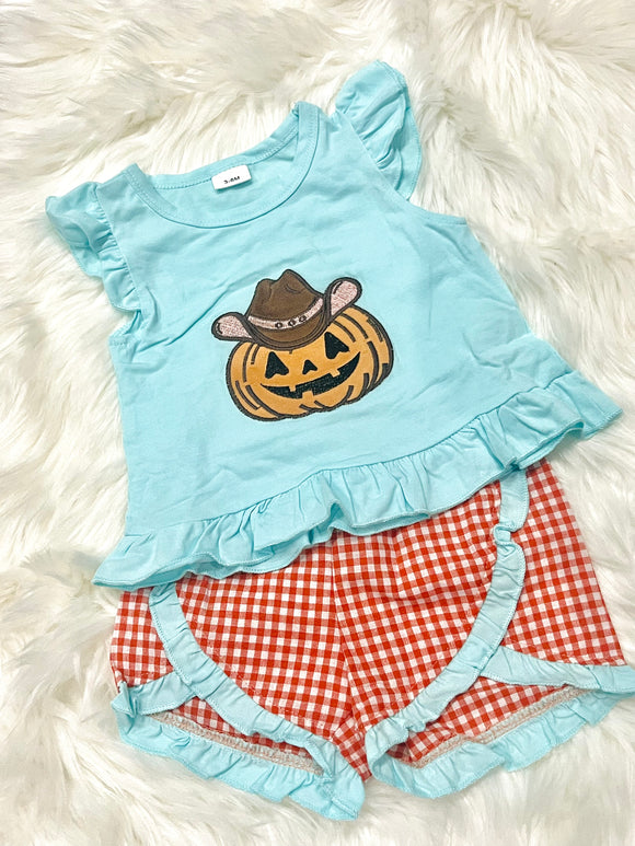 Cowboy pumpkin girl teal short set