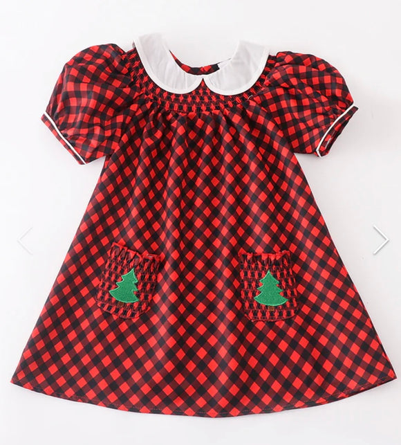 Red plaid Christmas tree collared dress