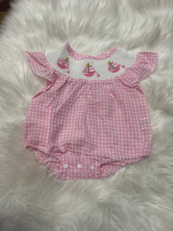 Pink gingham sailboat smocked bubble