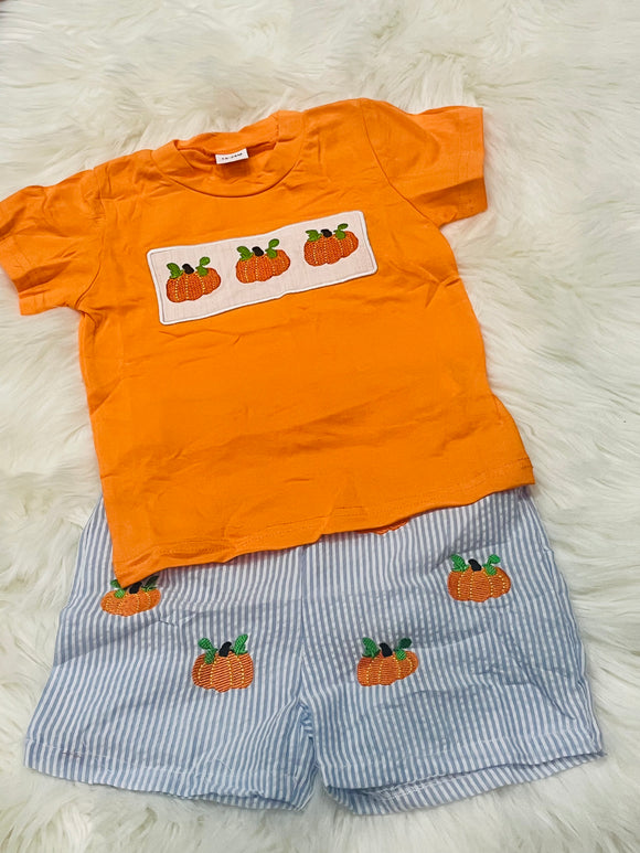 Orange pumpkin embroidered striped boy short set
