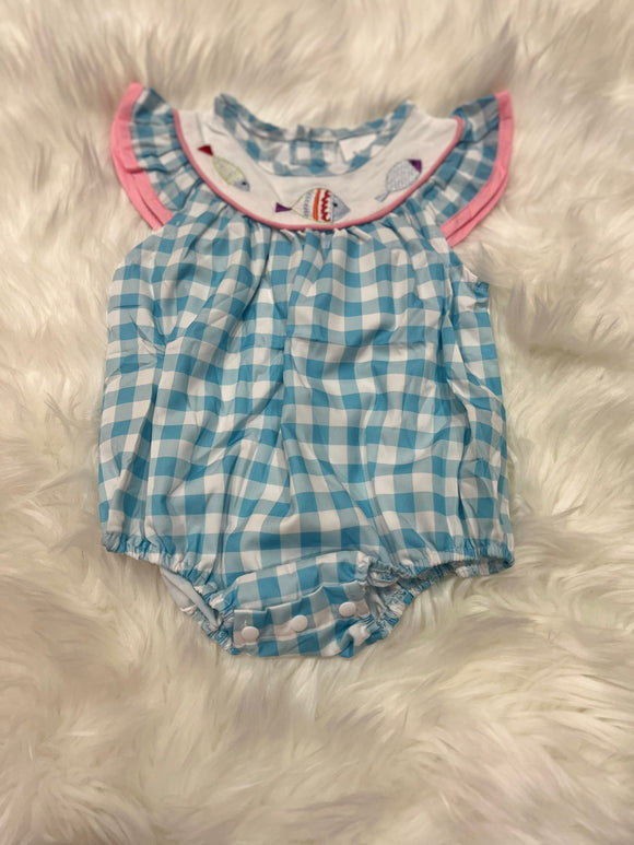 Blue gingham print embroidered fish bubble