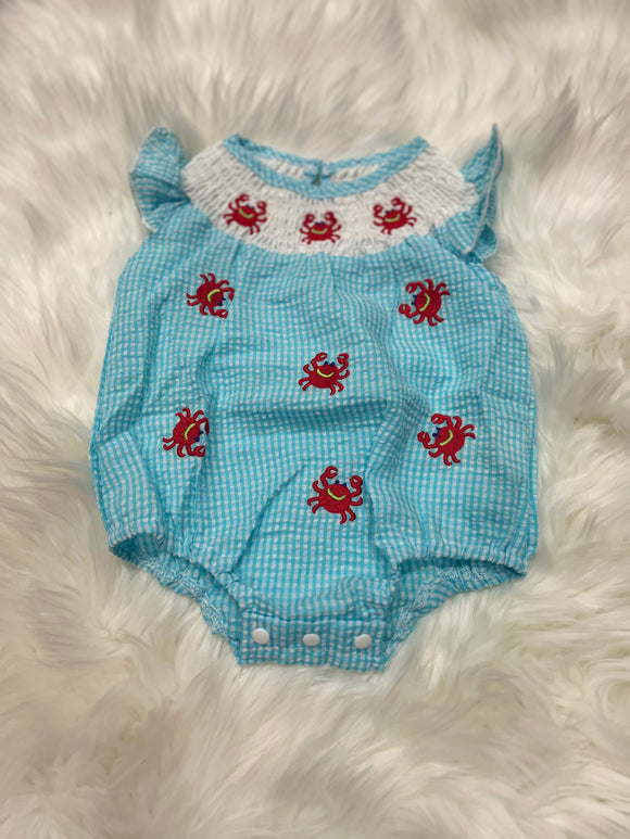 Teal Blue gingham smocked crab embroidered bubble