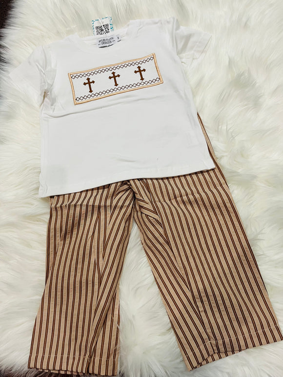Tan cross boy pant set smocked
