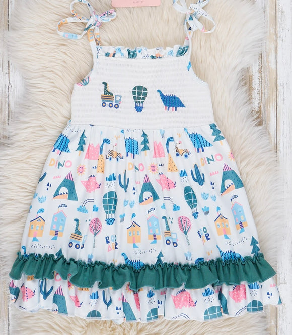 Dino smocked dress