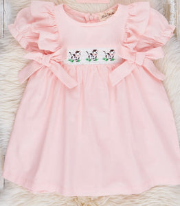 Pink smocked short sleeve cow dress