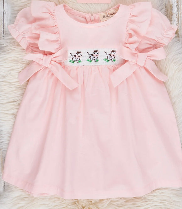 Pink smocked short sleeve cow dress