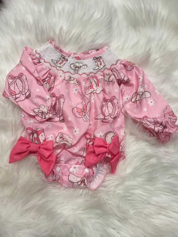 Long sleeve pink western smocked printed bubble