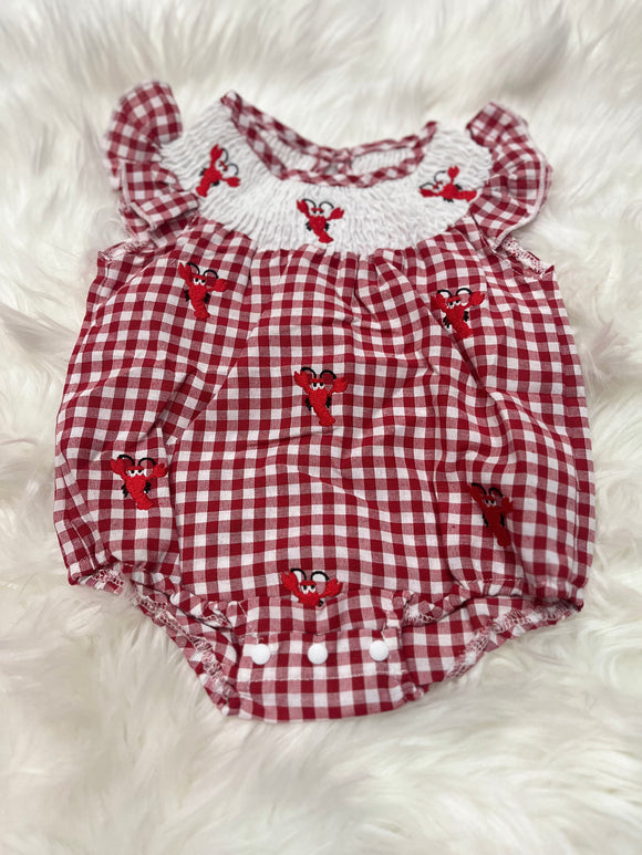 Red gingham smocked embroidered lobster bubble