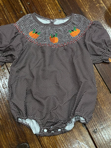 Smocked pumpkin brown polk a dot bubble