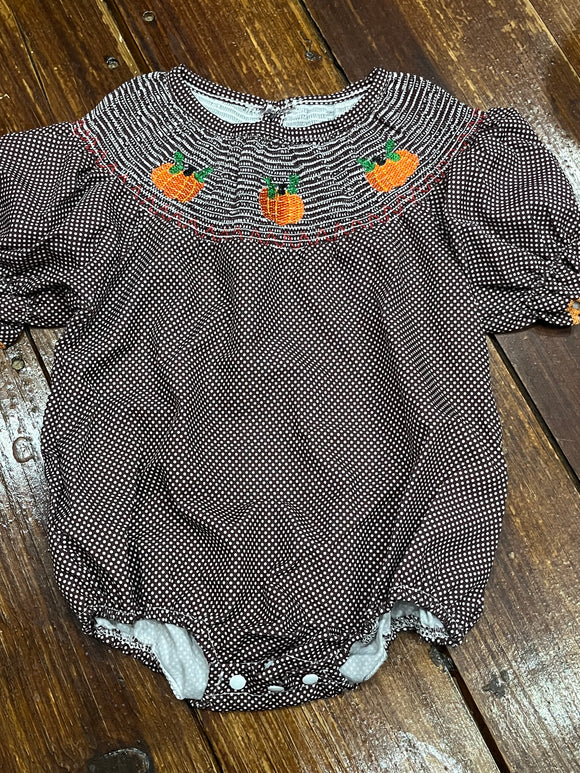 Smocked pumpkin brown polk a dot bubble