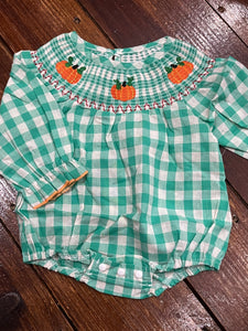 Long sleeve smocked green gingham bubble