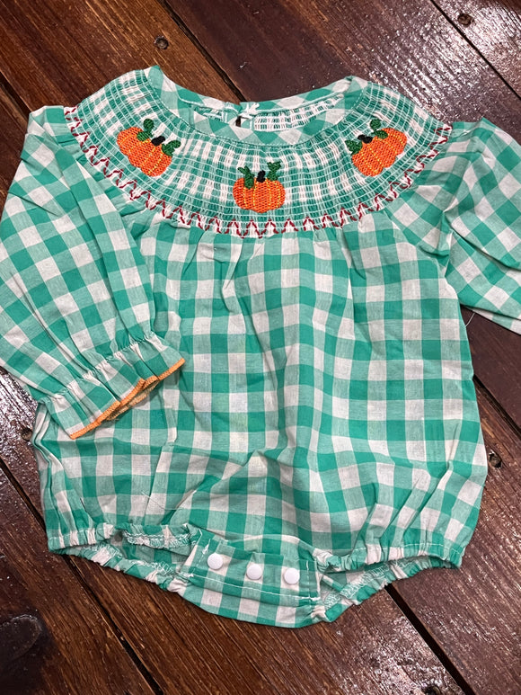 Long sleeve smocked green gingham bubble