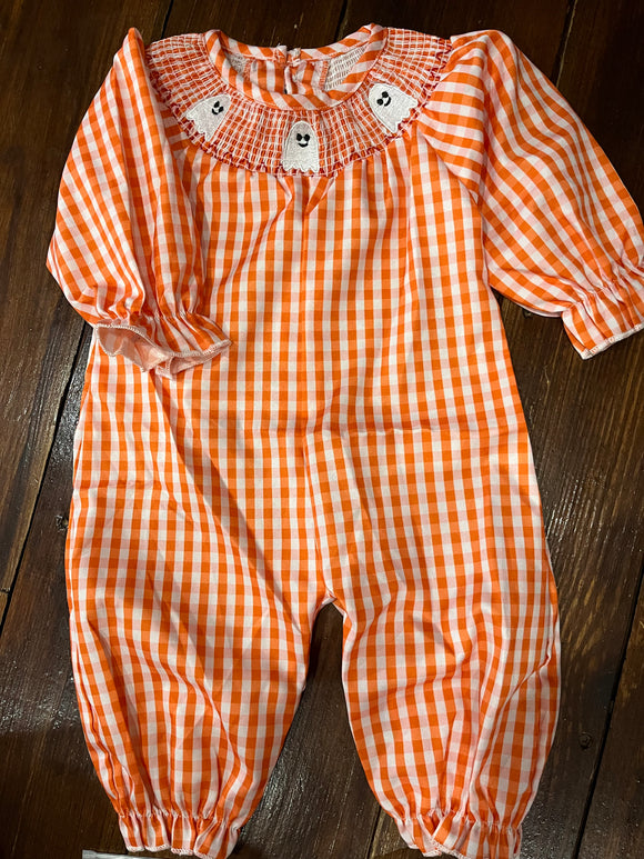 Smocked ghost orange gingham romper