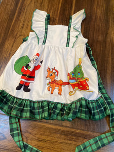 White Santa reindeer green plaid ruffle dress
