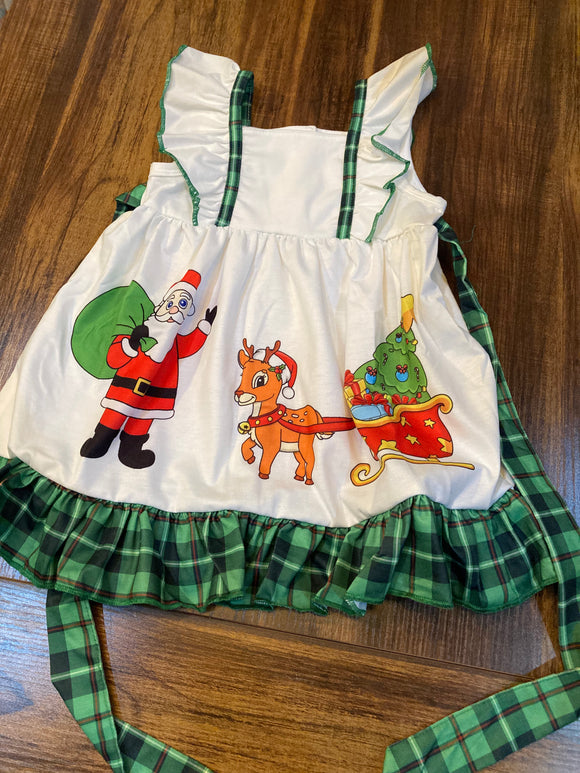 White Santa reindeer green plaid ruffle dress