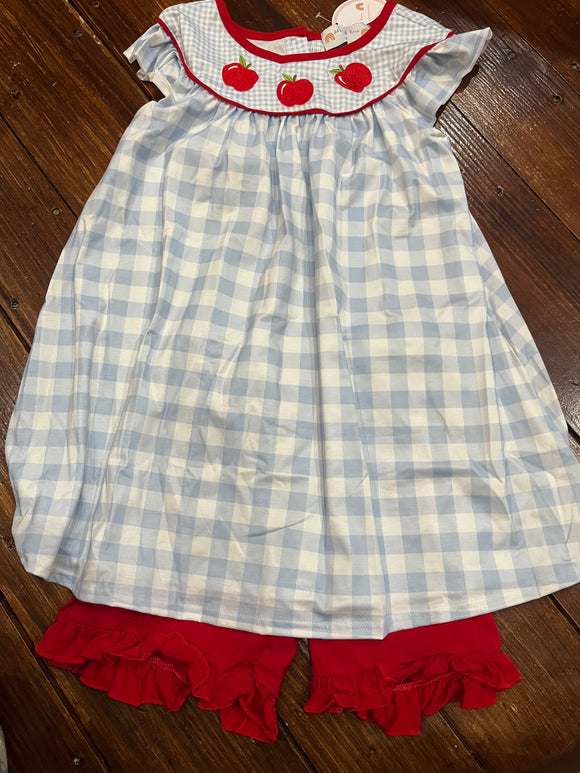 8 girls gingham apple blue plaid trio short set