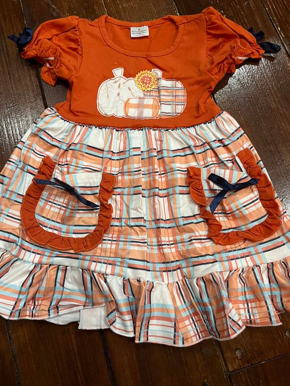 Pumpkin applique plaid pocket dress