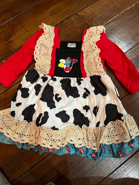 Cow print red applique long sleeve dress