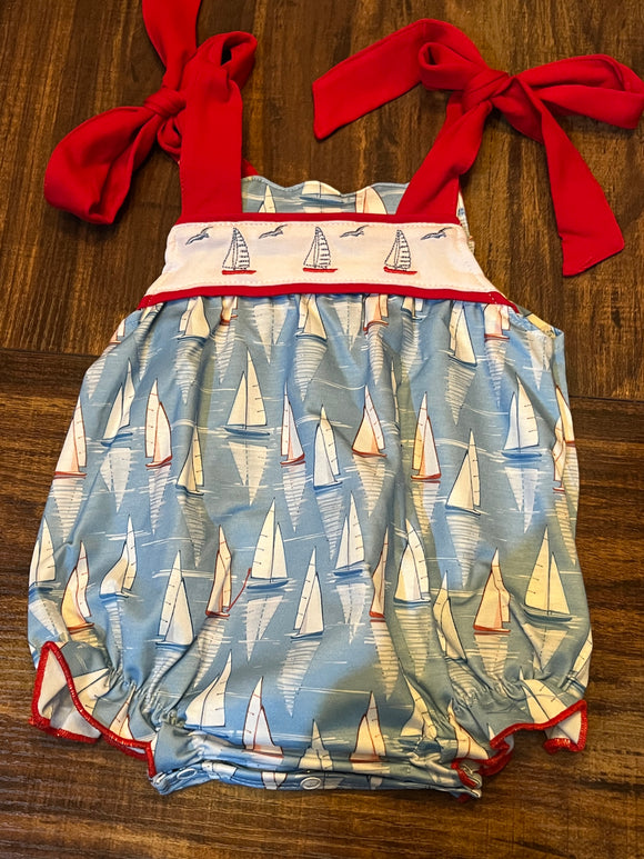 Sail boat embroidered printed tie romper