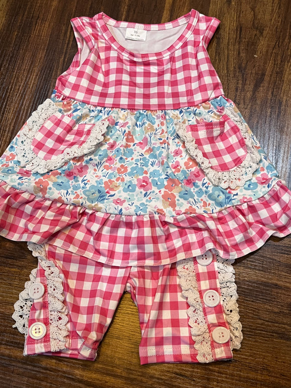 Pink gingham floral pocket short set