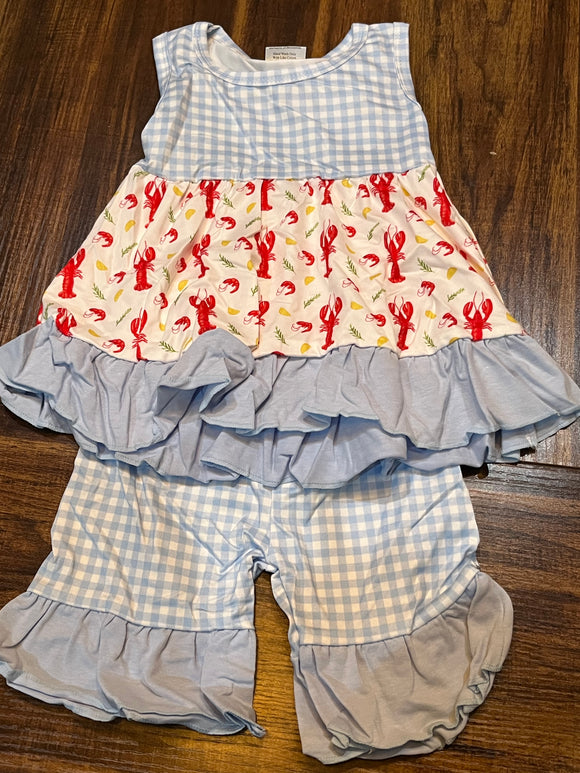 Blue gingham crawfish printed short set