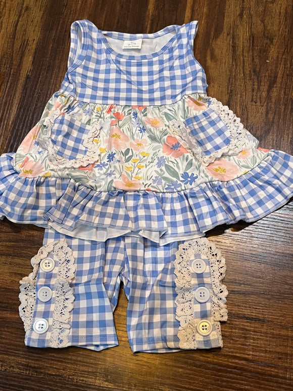 Blue gingham floral pocket short set