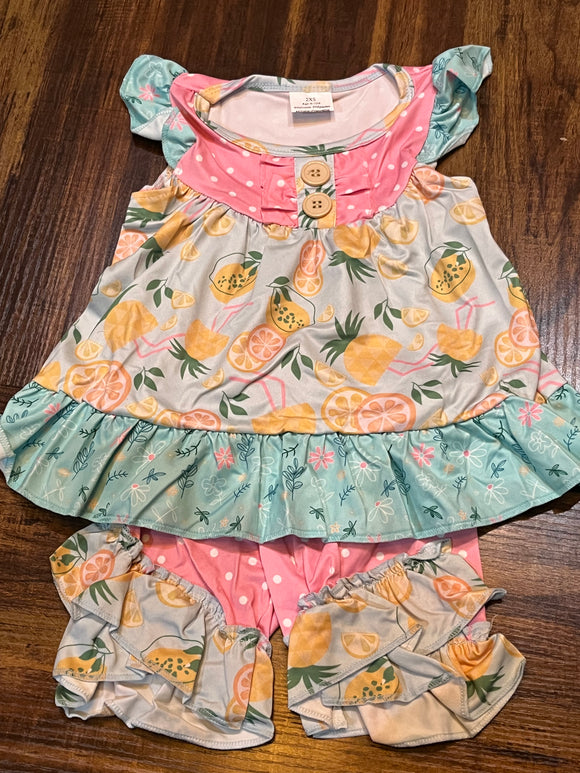 Pink teal lemon ruffle short set