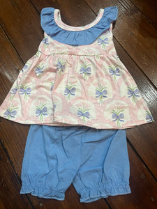 Blue bow blue ruffle neck bloomer set