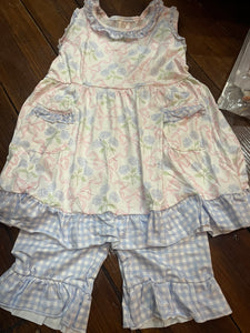 Blue gingham ruffle short pink bow pocket tunic set