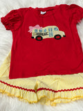 Glitter school bus applique yellow red girls short set