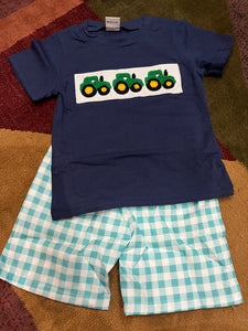 Navy French knot boys tractor short set