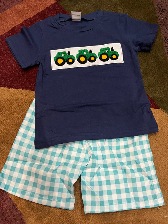 Navy French knot boys tractor short set