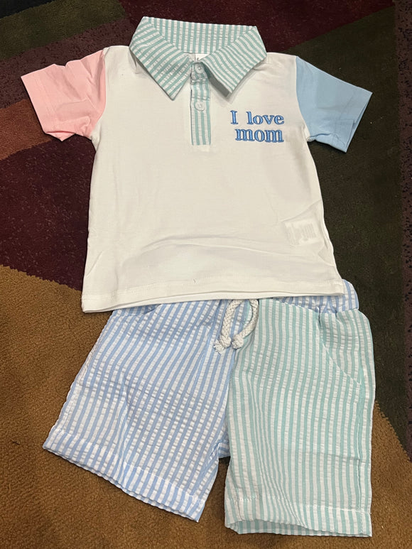 I love mom boys color block short set