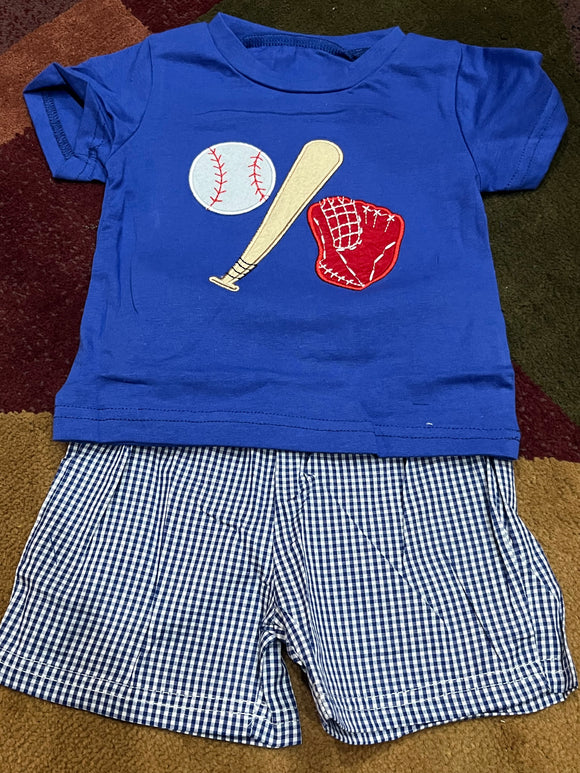 Blue baseball bat glove trio applique set boys