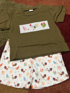Army green chicken trio boys short set