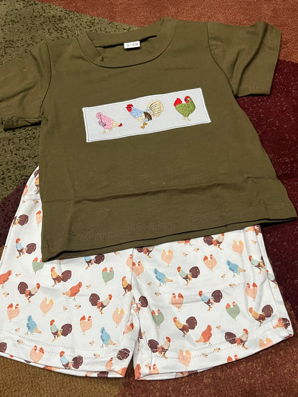 Army green chicken trio boys short set