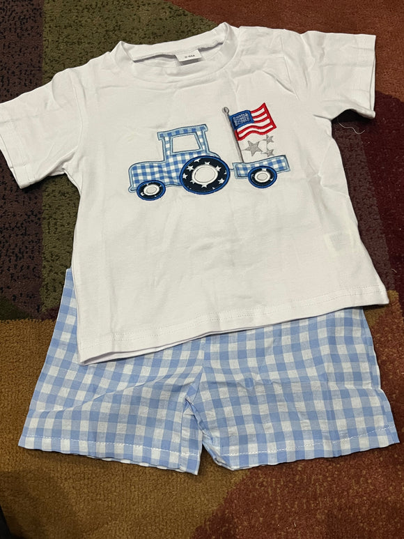 Tractor flag blue gingham white shirt set