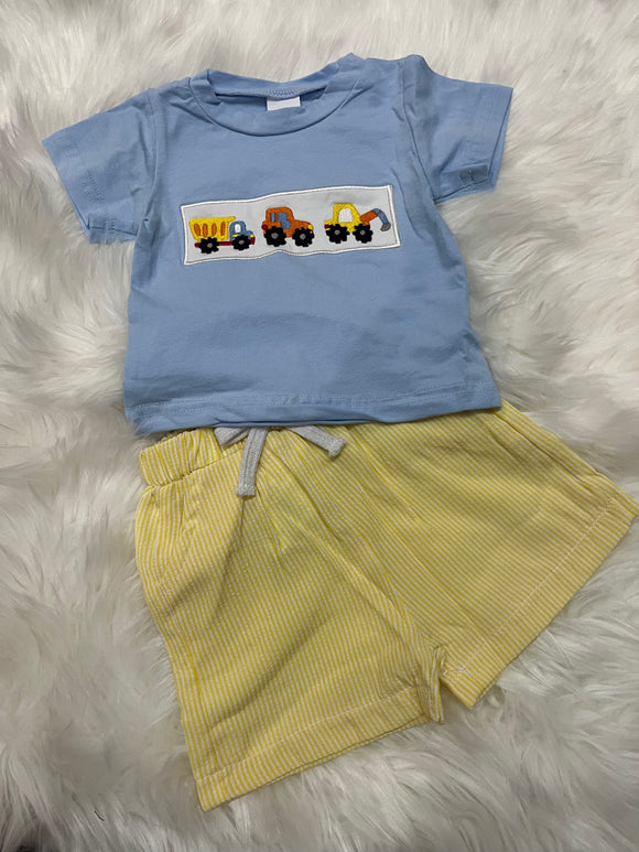 Dump truck tractor excavator trio blue yellow short set