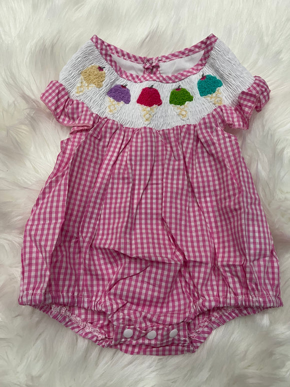 Pink gingham ice cream French knot smocked bubble