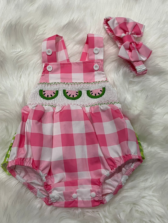 Pink checker smocked watermelon bubble