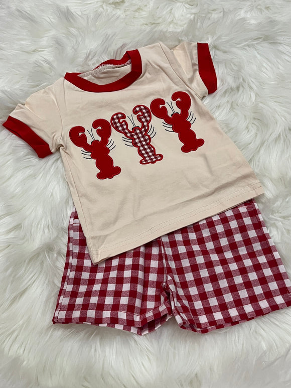 Red gingham crawfish trio boys short set